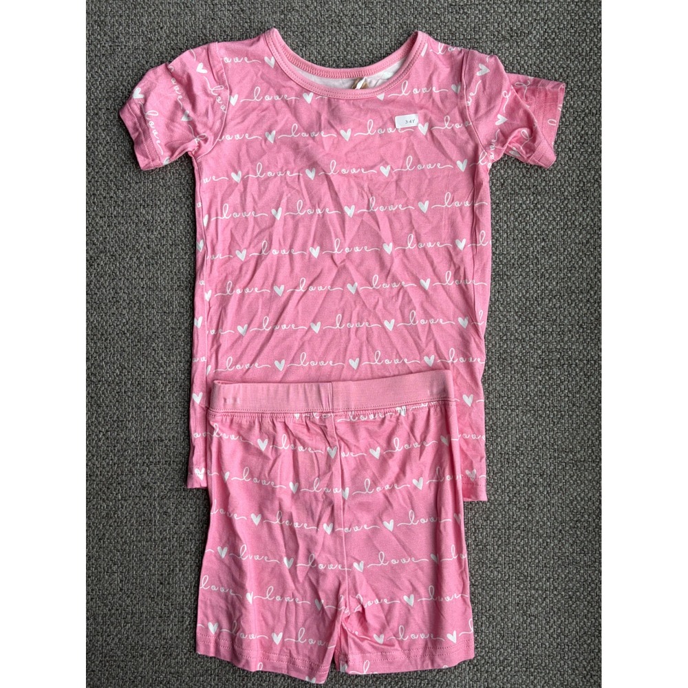 Miozing Kids Pink Bamboo Love Heart Pajama Set Short Sleeve‎ Shorts Size 3-4Y